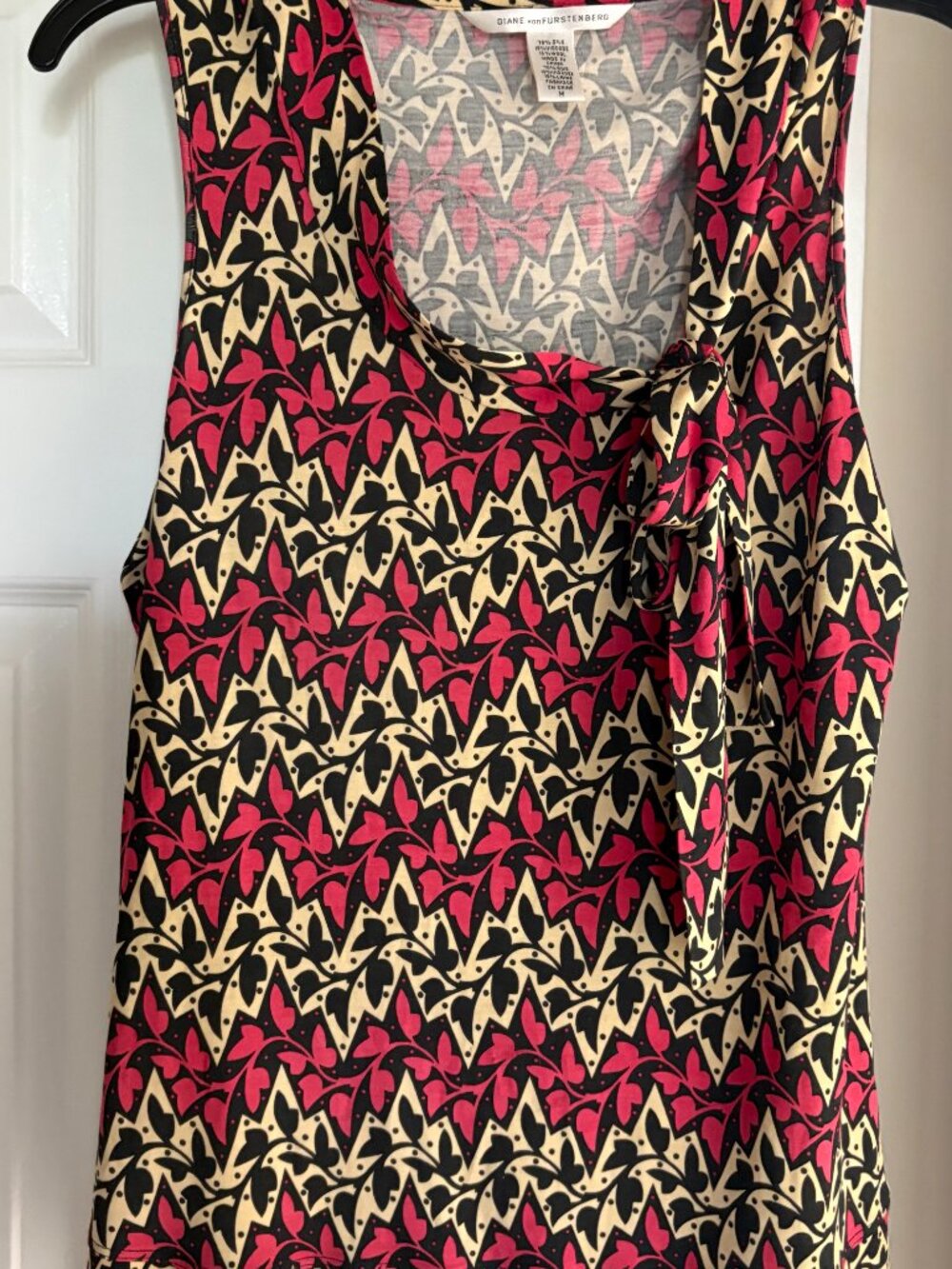 Diane von Furstenberg Sleeveless Silk Tie Neck Top Red/Black/Tan